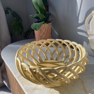 Lindsey Jordan Designs Ceramic Basket Bowl Fruit Bowl Centerpiece Yellow Weave